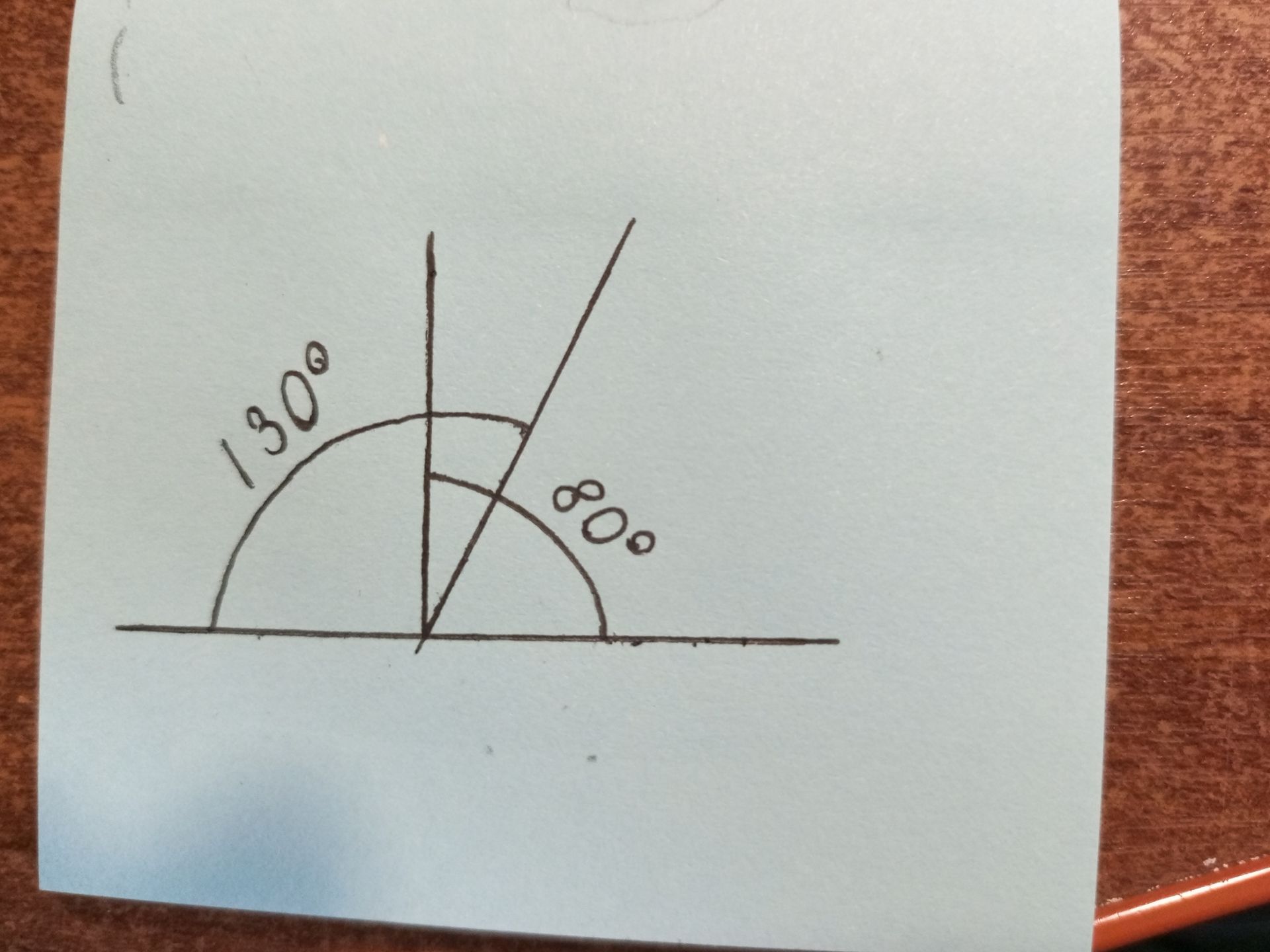 Фото задания: Consider the image showing angles with measures 130 degrees and 80 degrees. What is the total angle? If there is a missing…