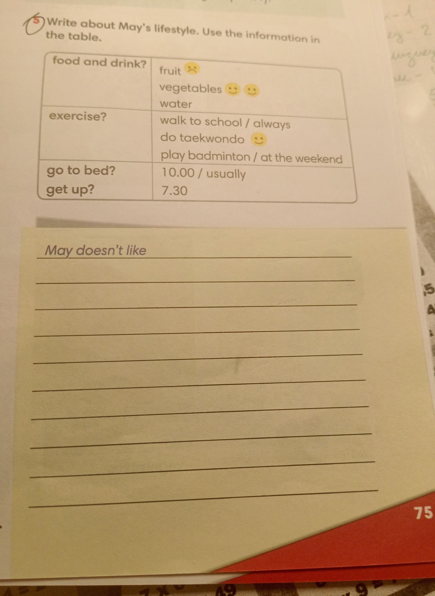 Фото задания: Write about May's lifestyle. Use the information in the table.