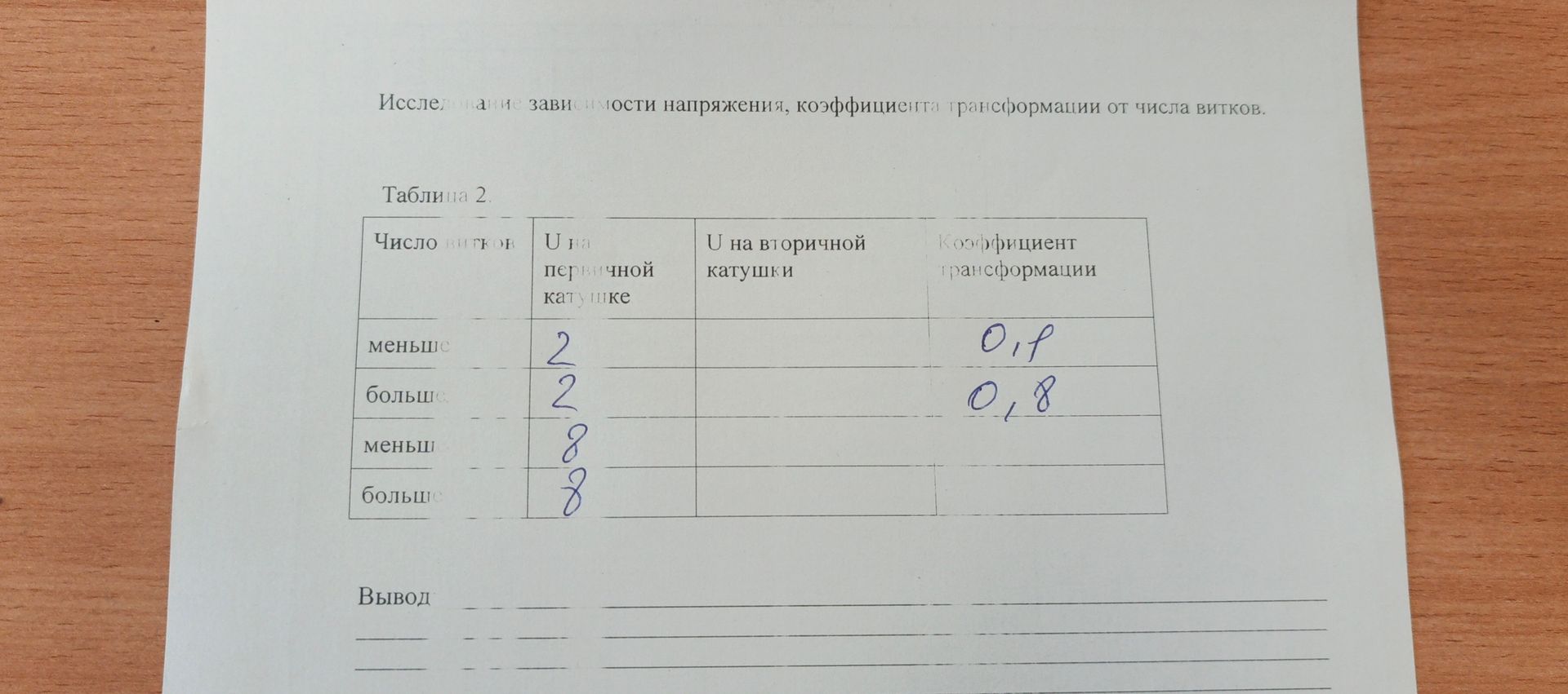 Фото задания: Исследование зависимости напряжения, коэффициента трансформации от числа витков. Таблица 2. Число витков U на первичной…