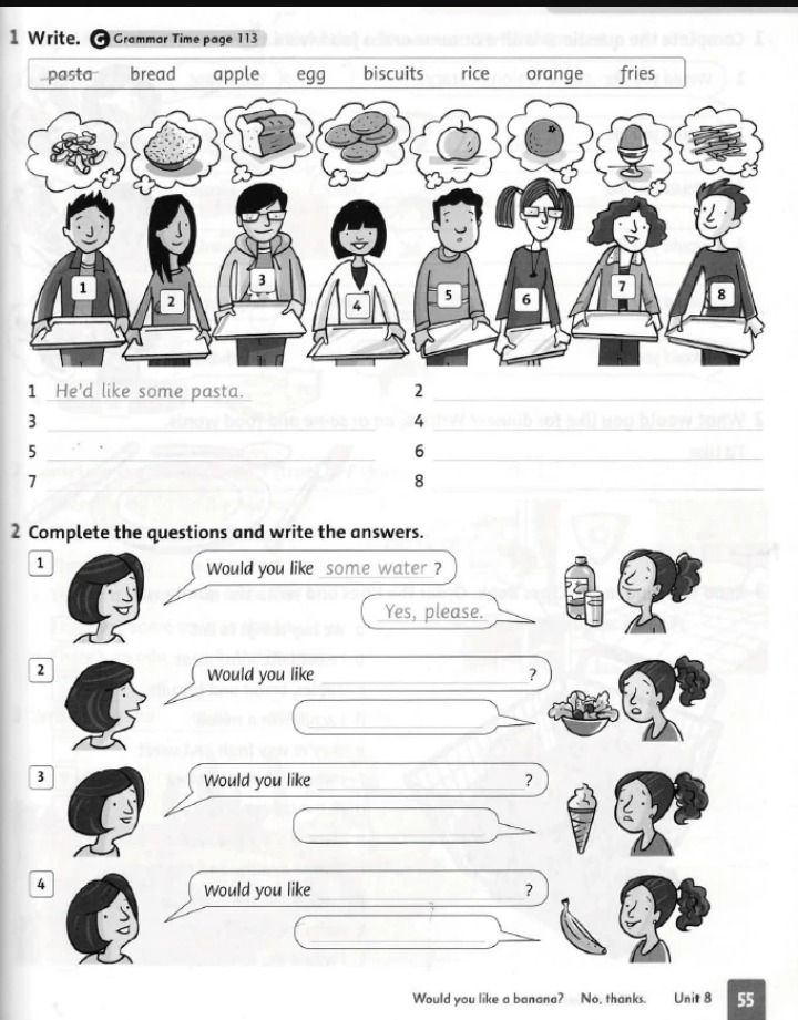 Фото задания: 1 Write. Grammar Time page 113 pasta bread apple egg biscuits rice orange fries 1 He'd like some pasta. 3 5 7 2 4 6 8