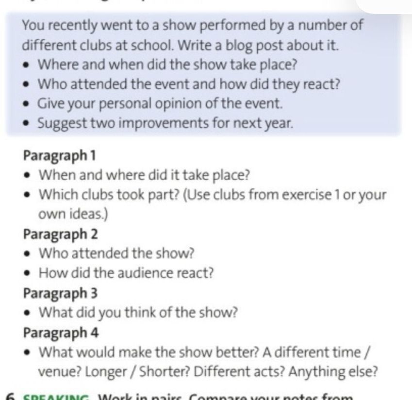Фото задания: You recently went to a show performed by a number of different clubs at school. Write a blog post about it.