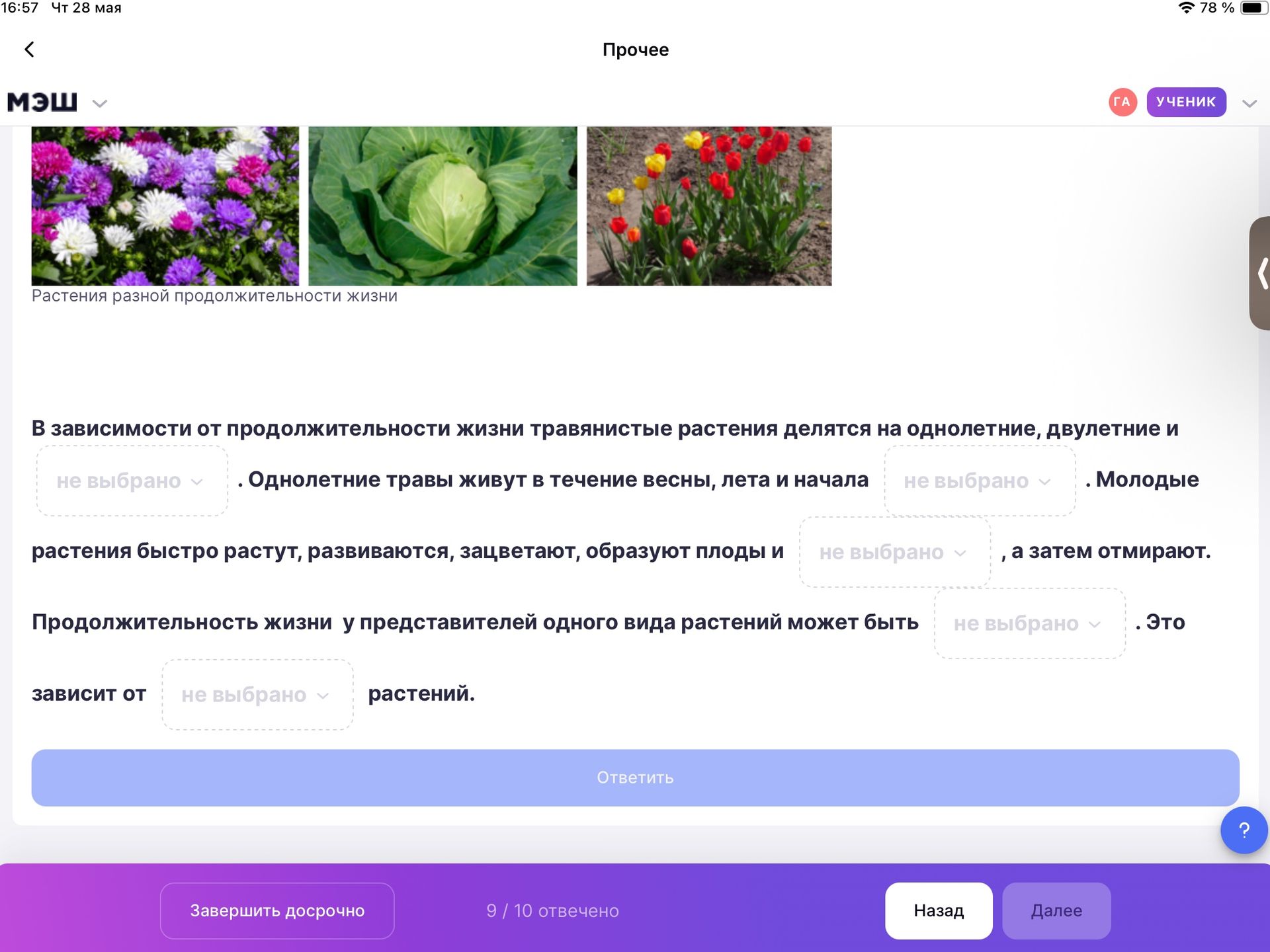 Фото задания: В зависимости от продолжительности жизни травянистые растения делятся на однолетние, двулетние и _______________.…