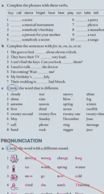 Фото задания: a Complete the phrases with these verbs. buy call dance forget have hear play run take tell 1 a noise 2 a musical…
