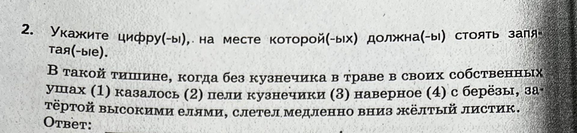 Фото задания: Укажите цифру(-ы), на месте которой(-ых) должна(-ы) стоять запятая(-ые). В такой тишине, когда без кузнечика в траве в…