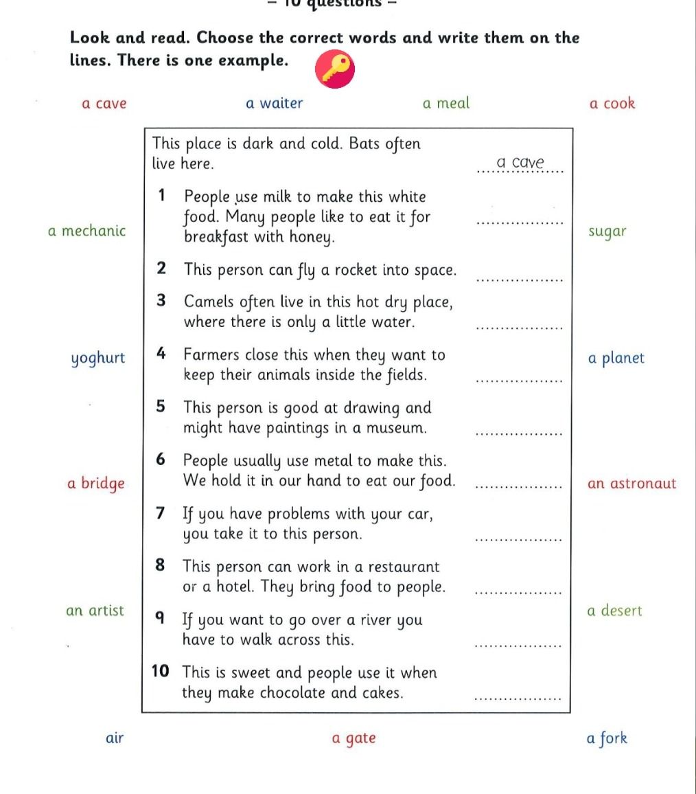 Фото задания: Look and read. Choose the correct words and write them on the lines. There is one example.