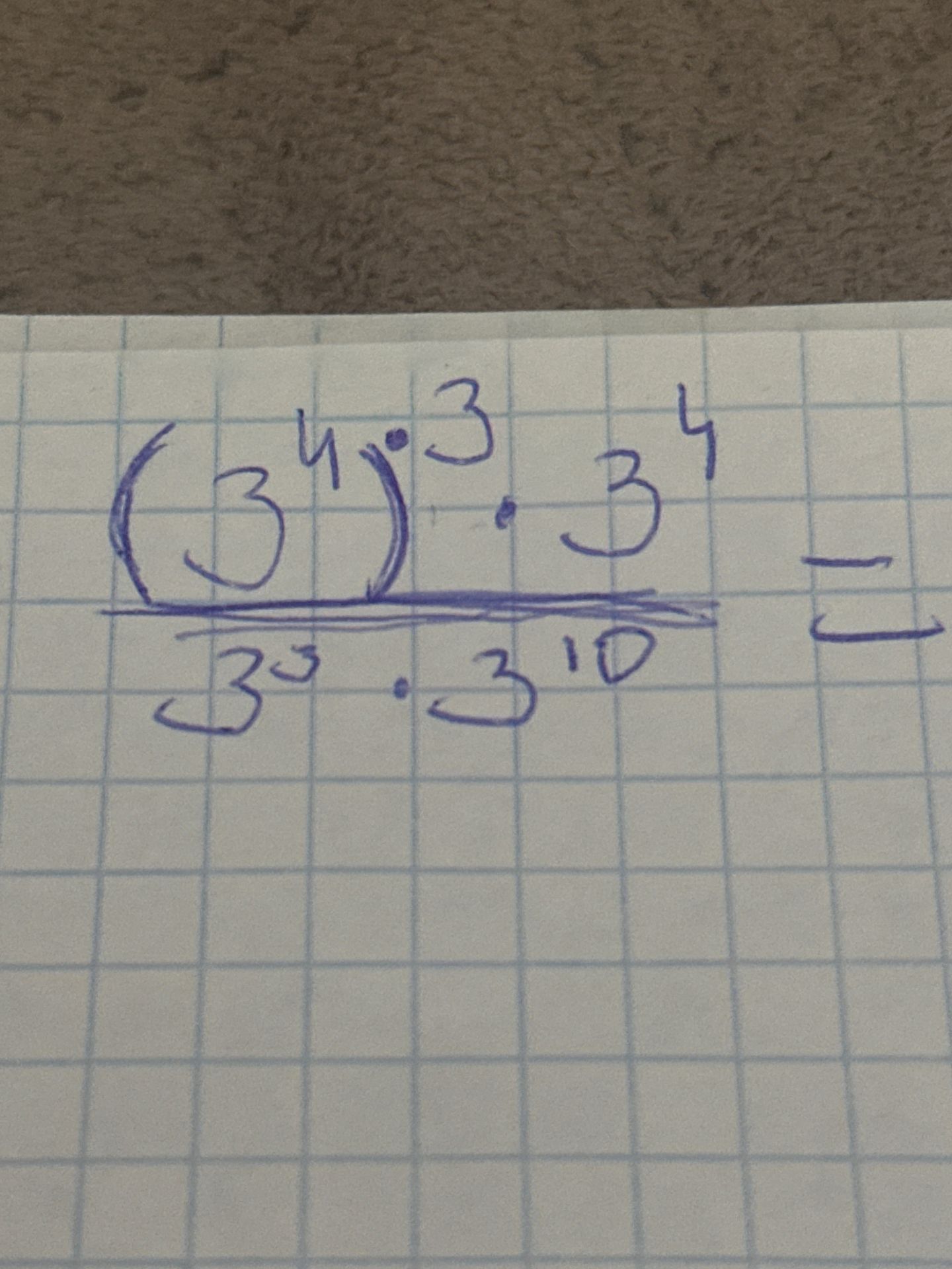 Фото задания: Simplify the expression: \(\frac{(3^4)^3 \cdot 3^4}{3^5 \cdot 3^{10}}\)