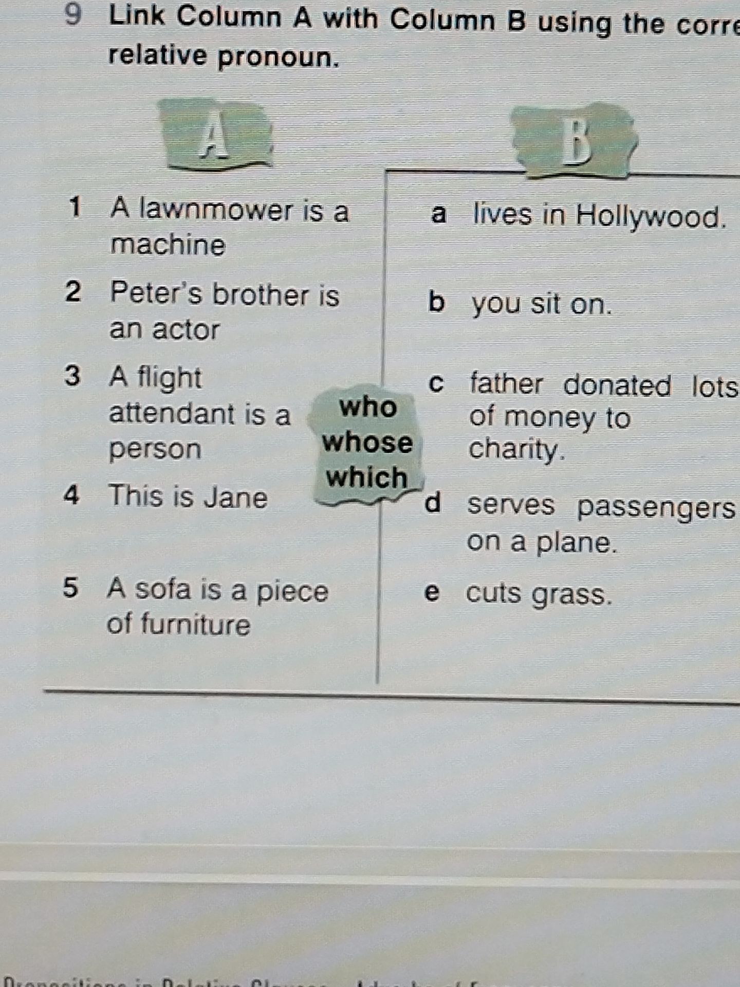 Фото задания: Link Column A with Column B using the correct relative pronoun.
