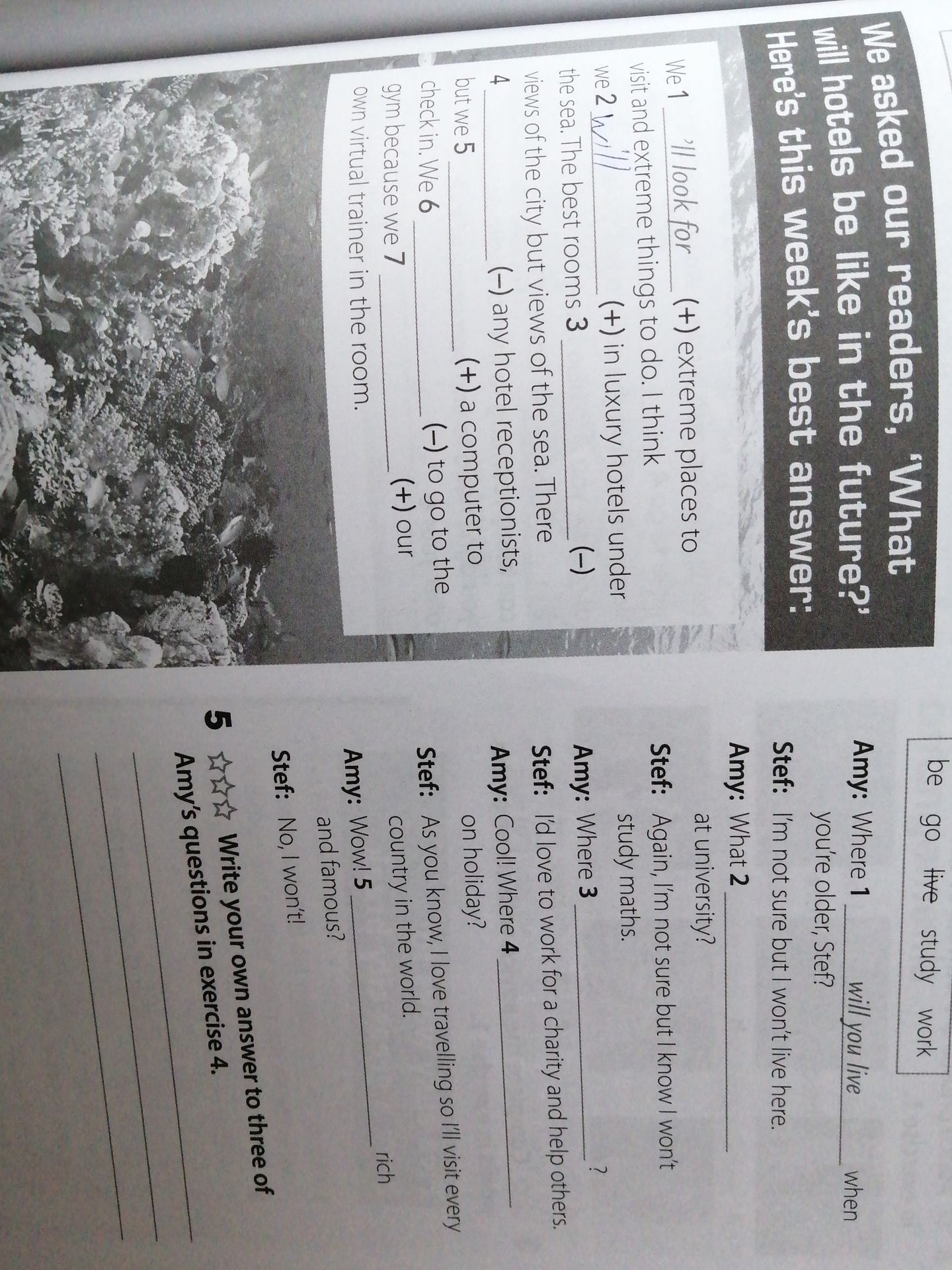 Фото задания: Write your own answer to three of Amy's questions in exercise 4.