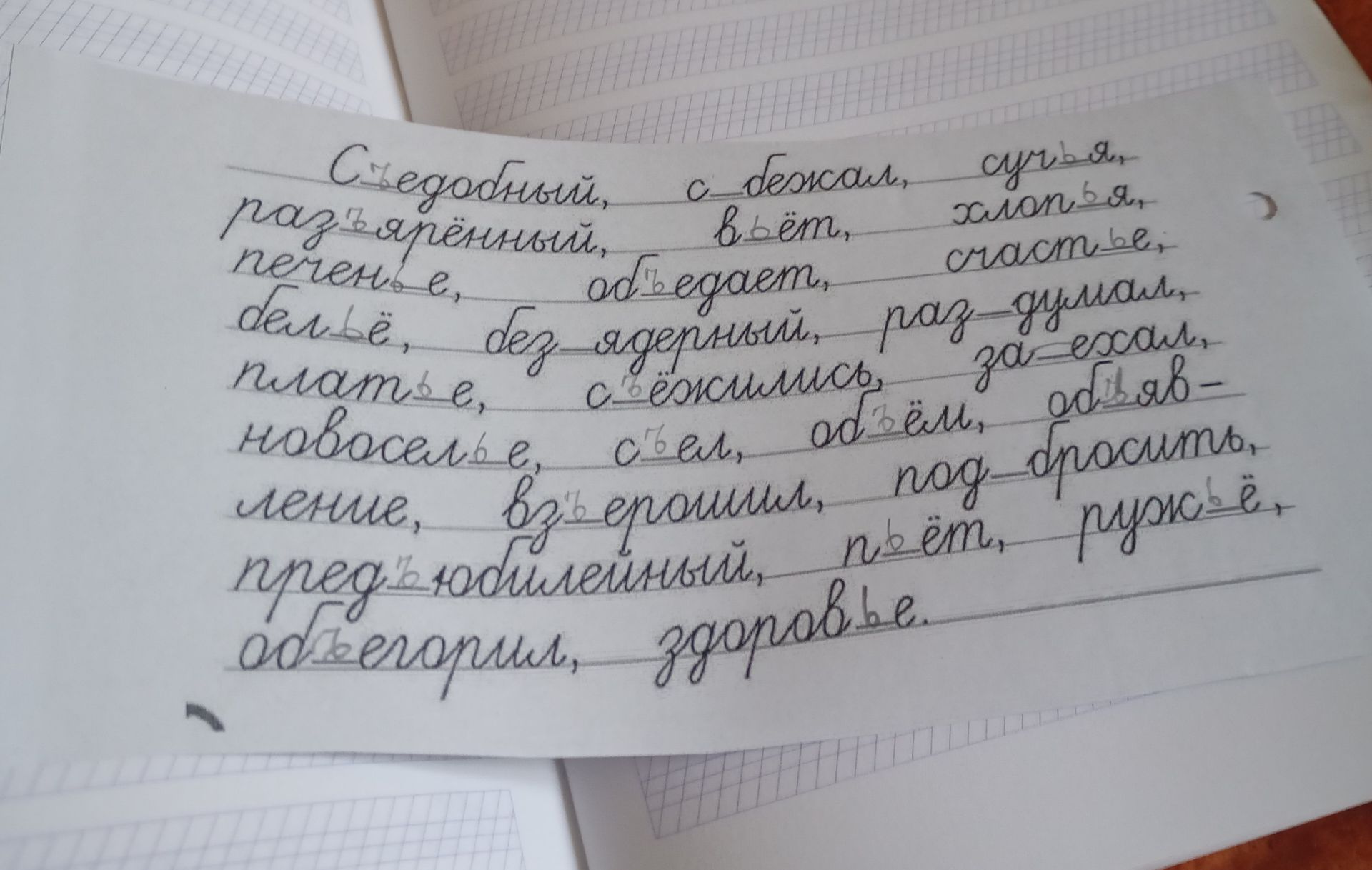 Фото задания: Съедобный, с бежал, сучья, развярённый, вьёт, хлопья, печенье, обедает, счастье, бельё, без ядерный, раз думал, платье,…