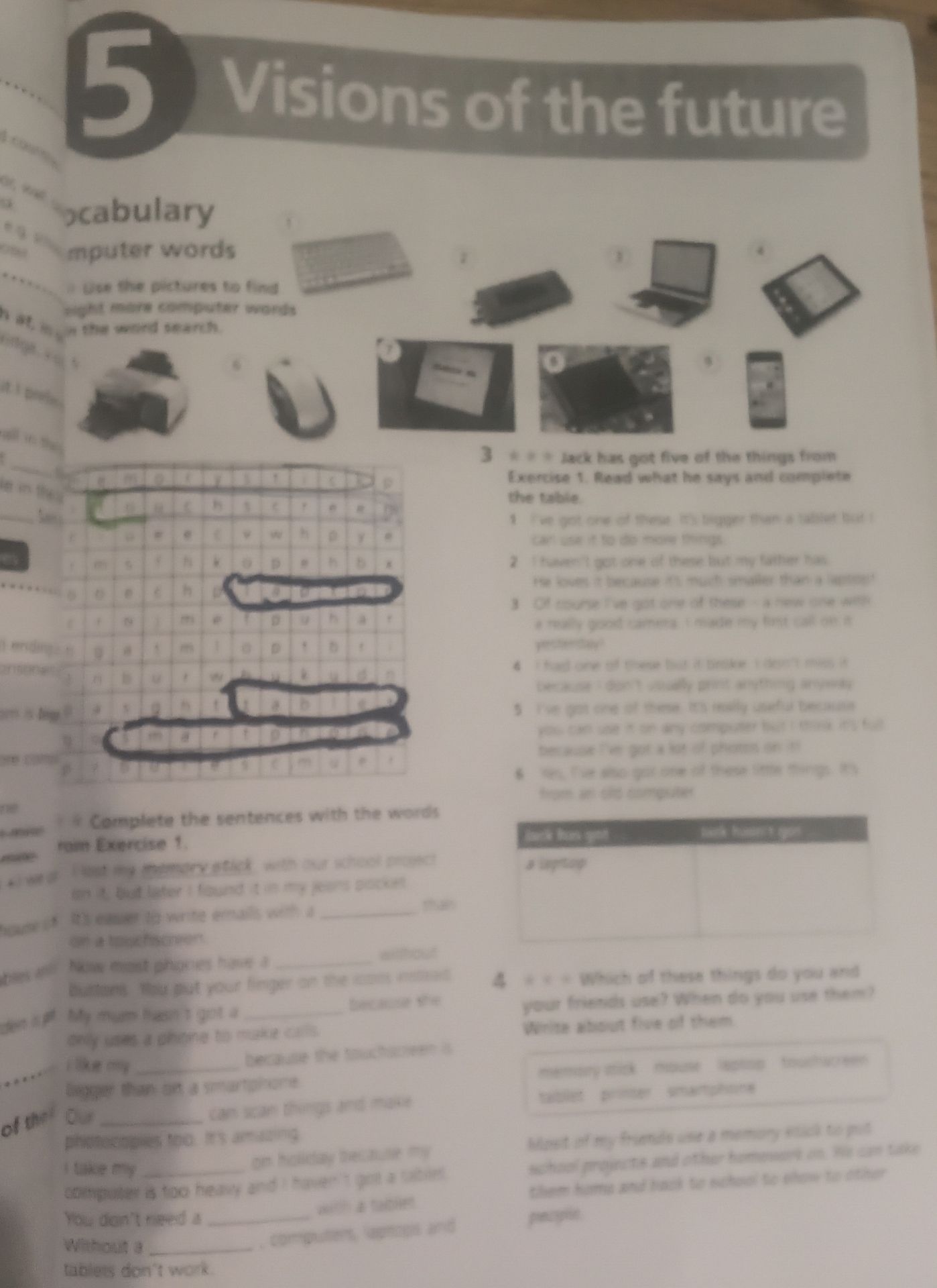 Фото задания: Jack has got five of the things from Exercise 1. Read what he says and complete the table.