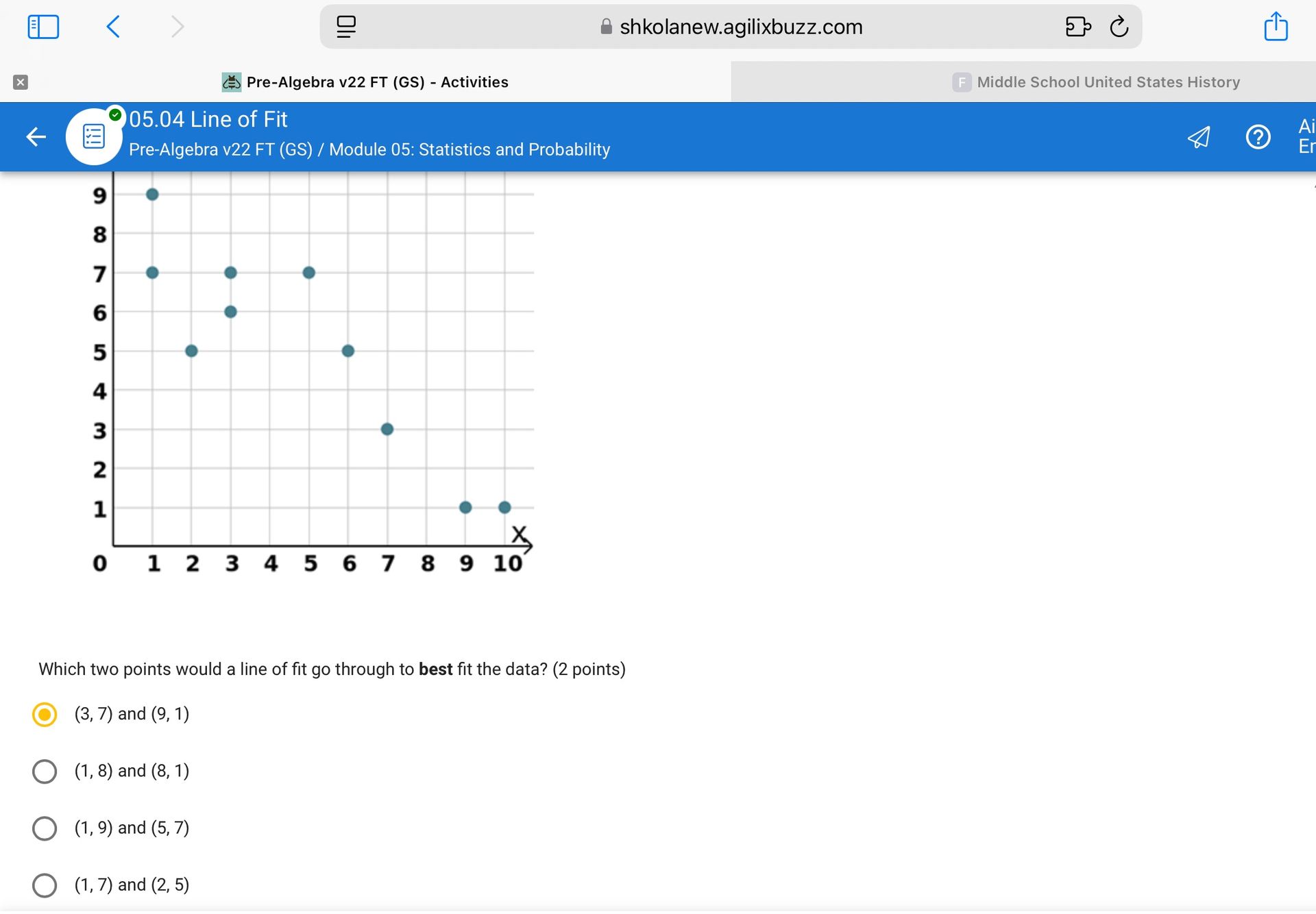 Фото задания: Which two points would a line of fit go through to best fit the data? (2 points)