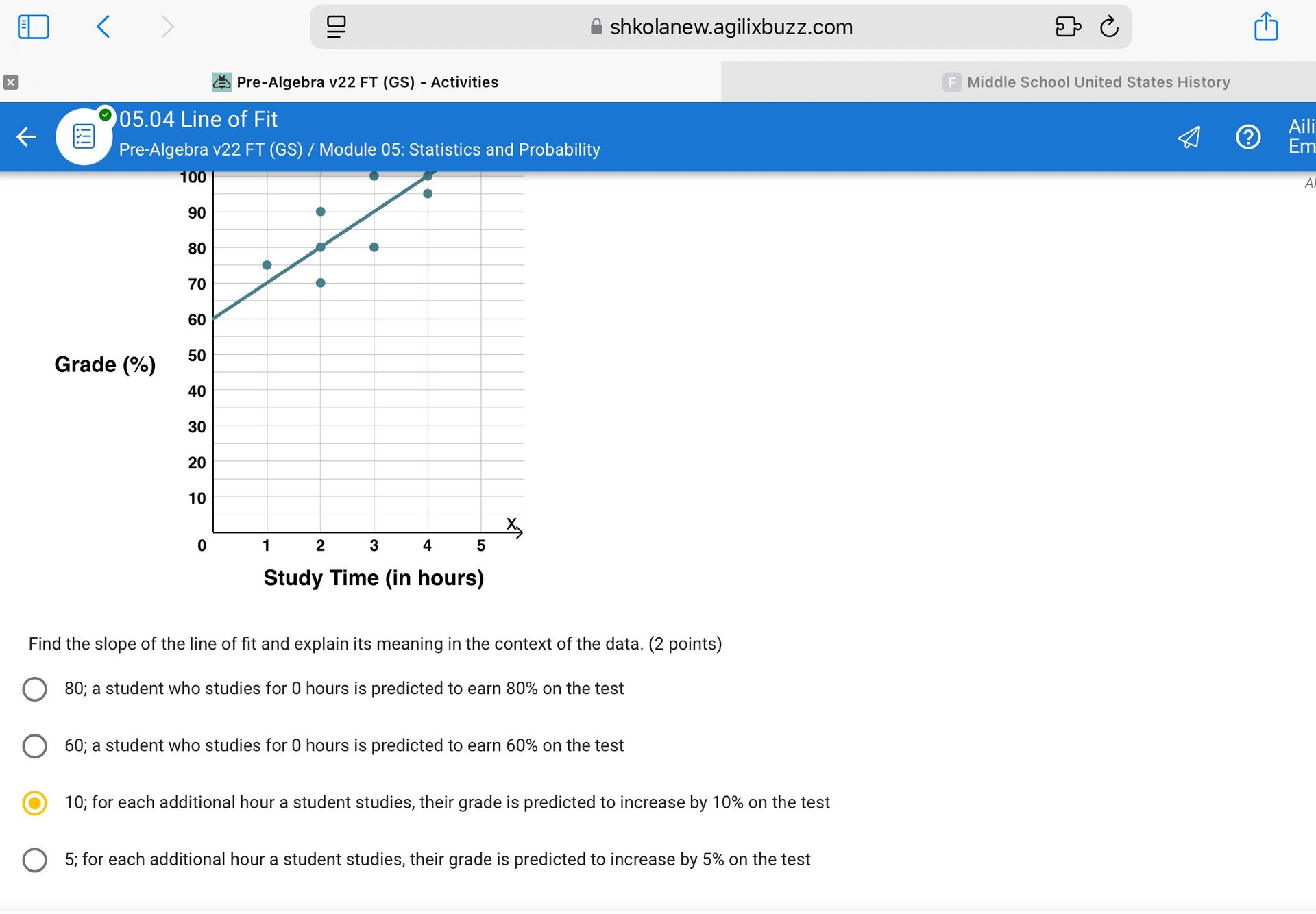 Фото задания: Find the slope of the line of fit and explain its meaning in the context of the data. (2 points)