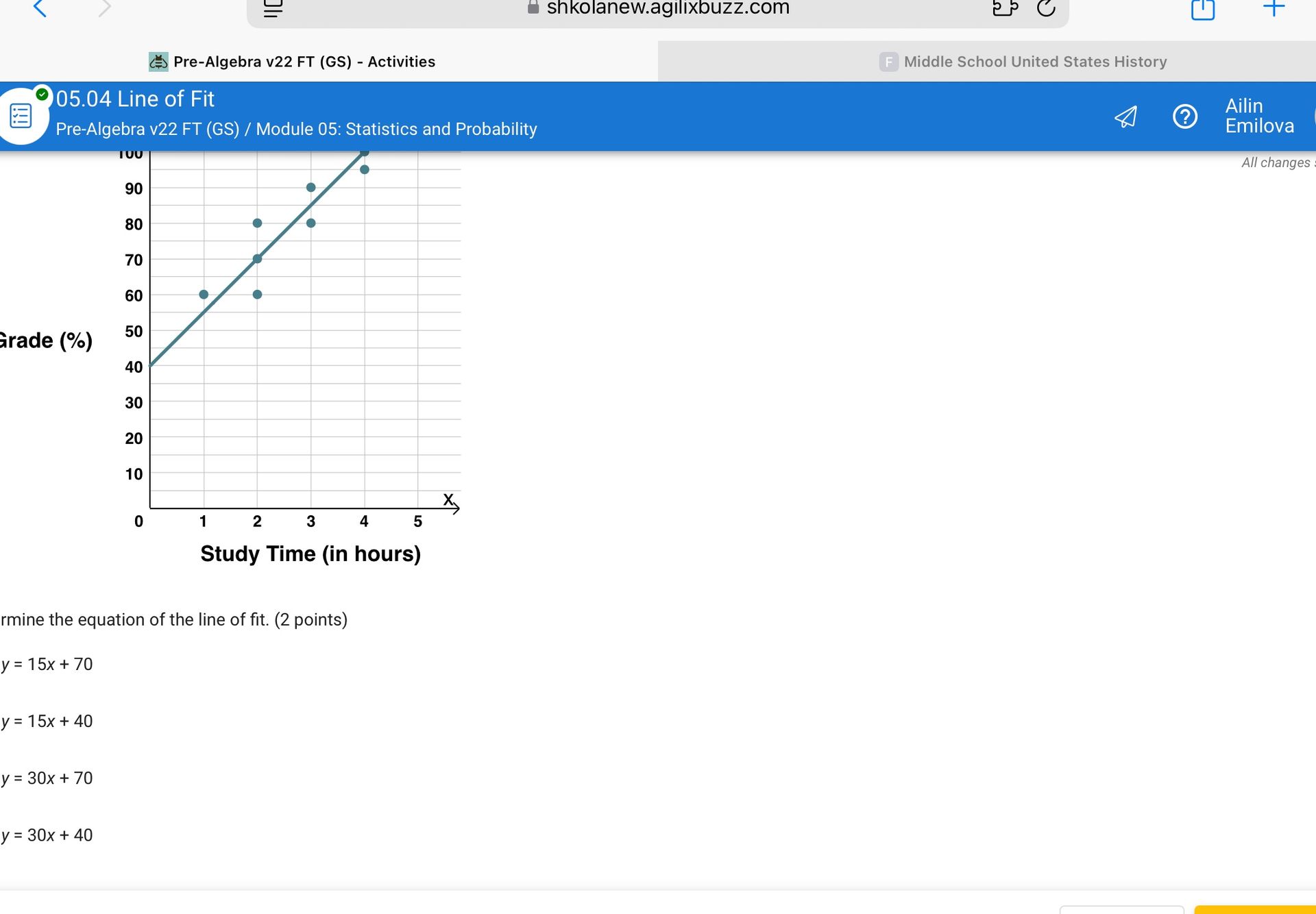 Фото задания: Determine the equation of the line of fit.