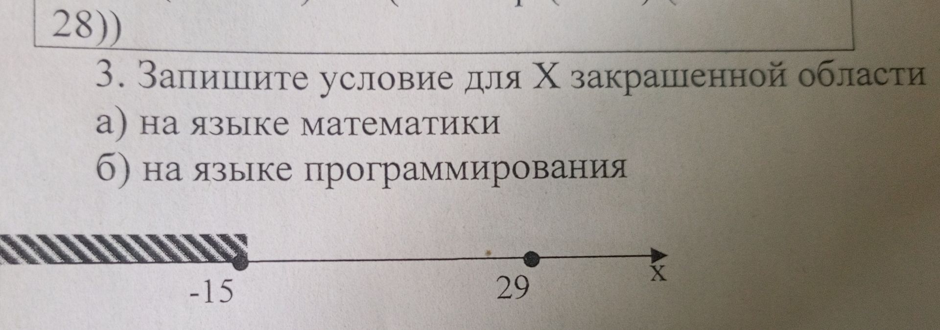 Фото задания: 3. Запишите условие для Х закрашенной области а) на языке математики б) на языке программирования