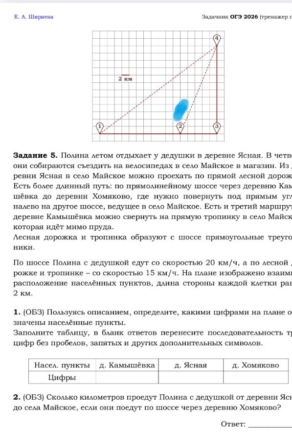 Фото задания: 2. (ОБЗ) Сколько километров проедут Полина с дедушкой от деревни Ясная до села Майское, если они поедут по шоссе через…