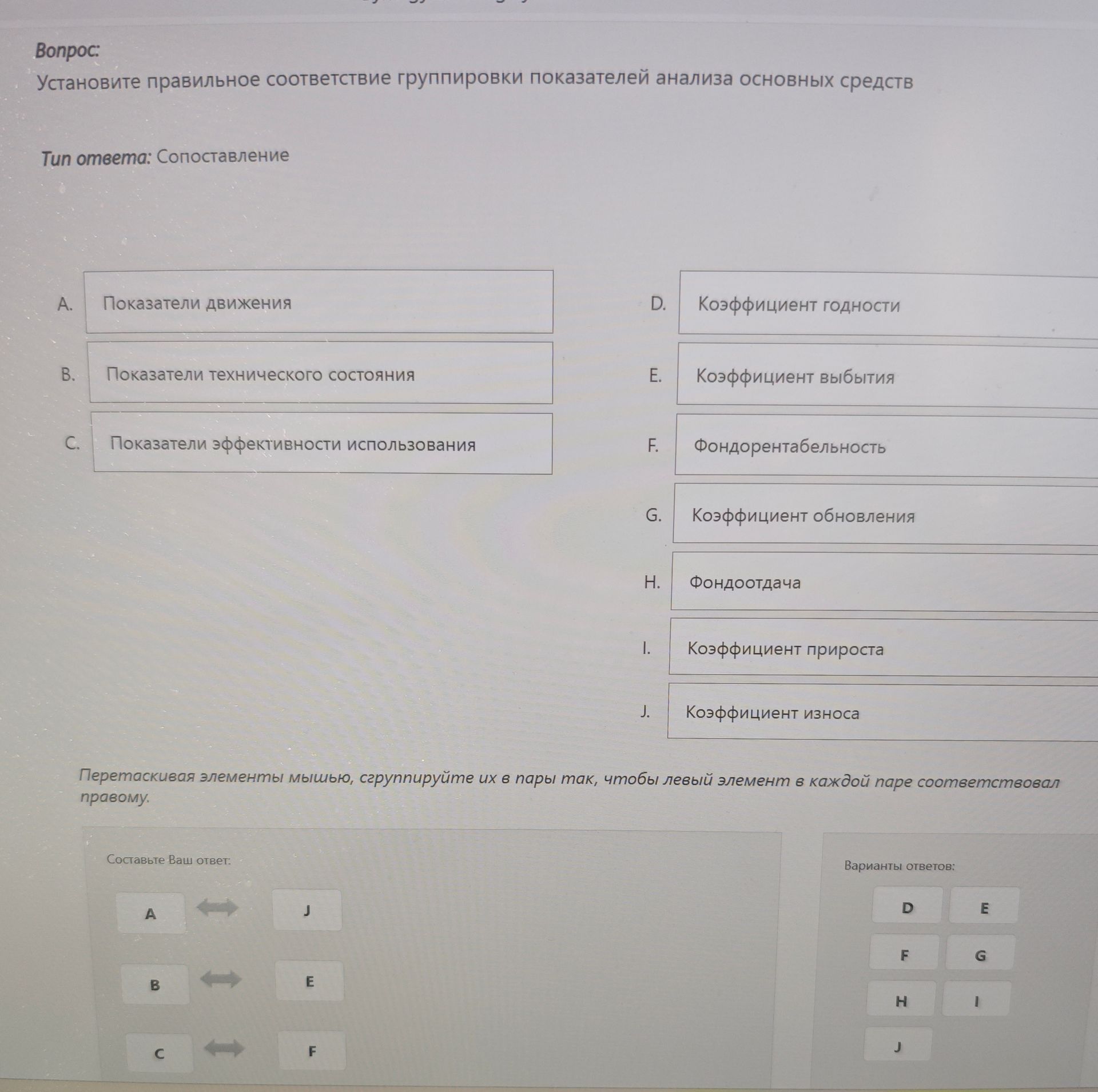 Фото задания: Установите правильное соответствие группировки показателей анализа основных средств