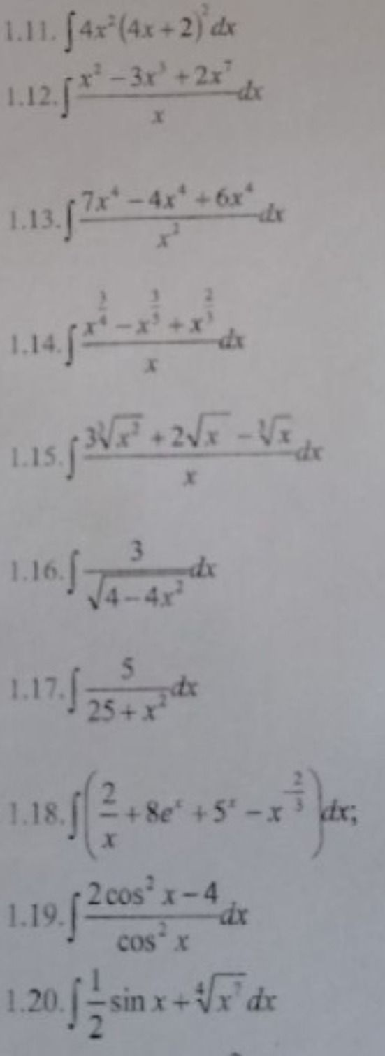 Фото задания: 1.11. \(\int\) 4x^2(4x+2)^2 dx