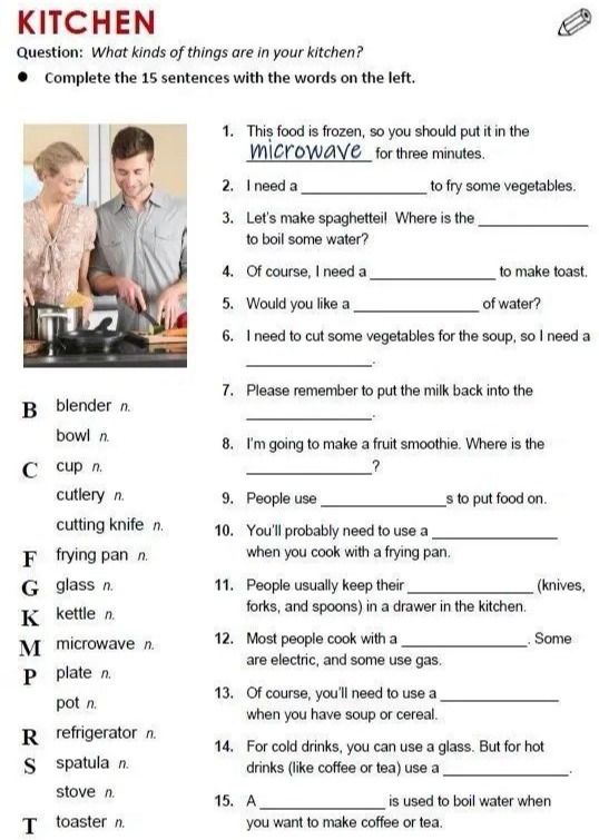 Фото задания: KITCHEN Question: What kinds of things are in your kitchen? • Complete the 15 sentences with the words on the left.