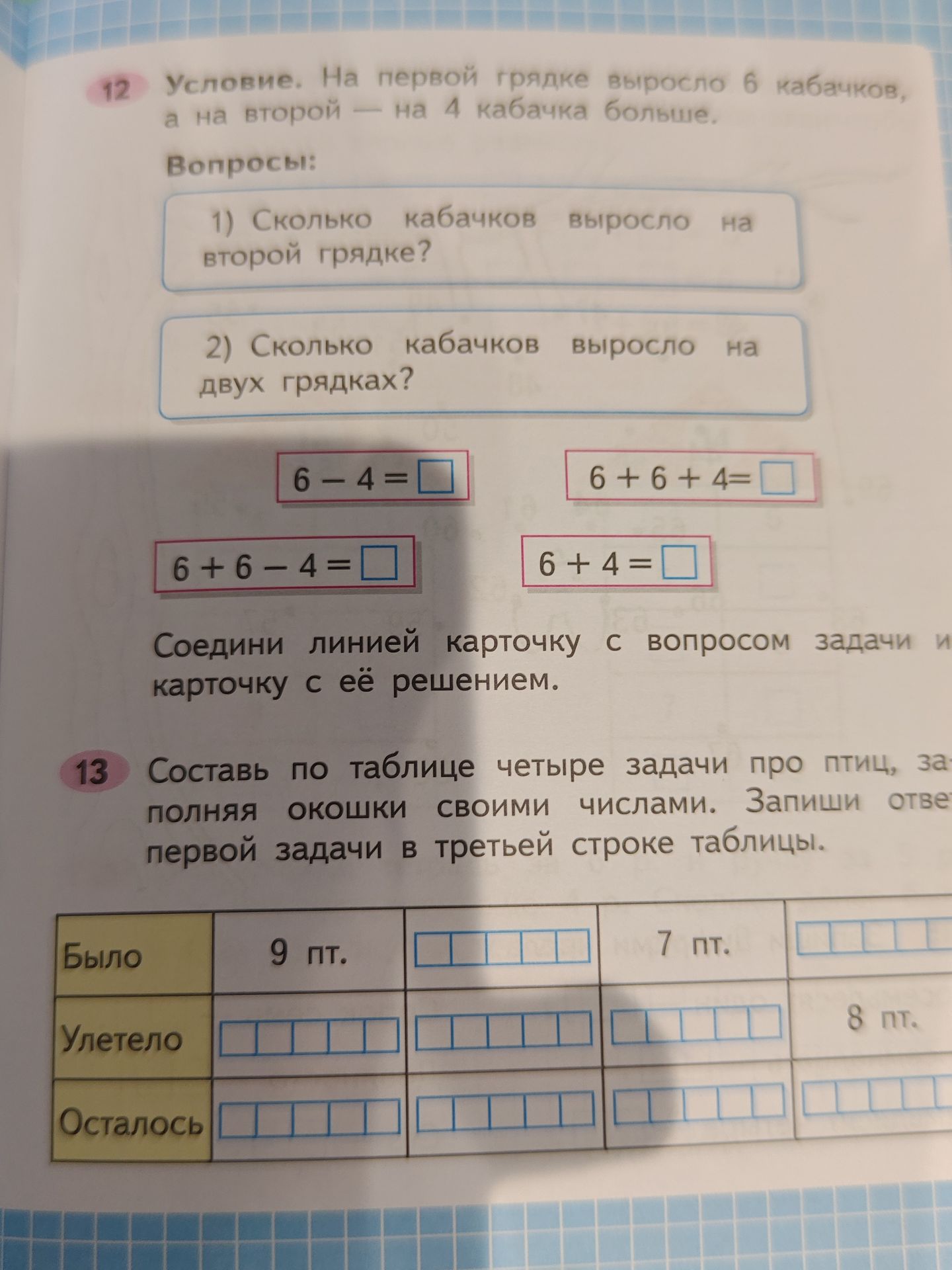 Фото задания: 13 Составь по таблице четыре задачи про птиц, заполняя окошки своими числами. Запиши ответ первой задачи в третьей строке…