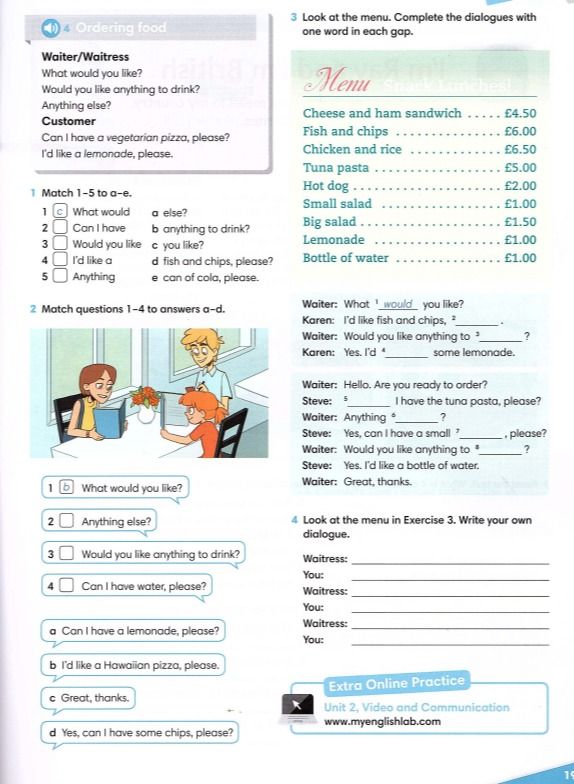 Фото задания: 4 Look at the menu in Exercise 3. Write your own dialogue.