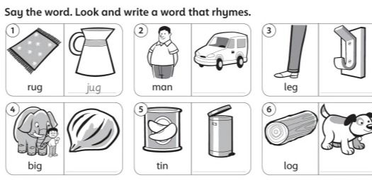 Фото задания: Say the word. Look and write a word that rhymes.