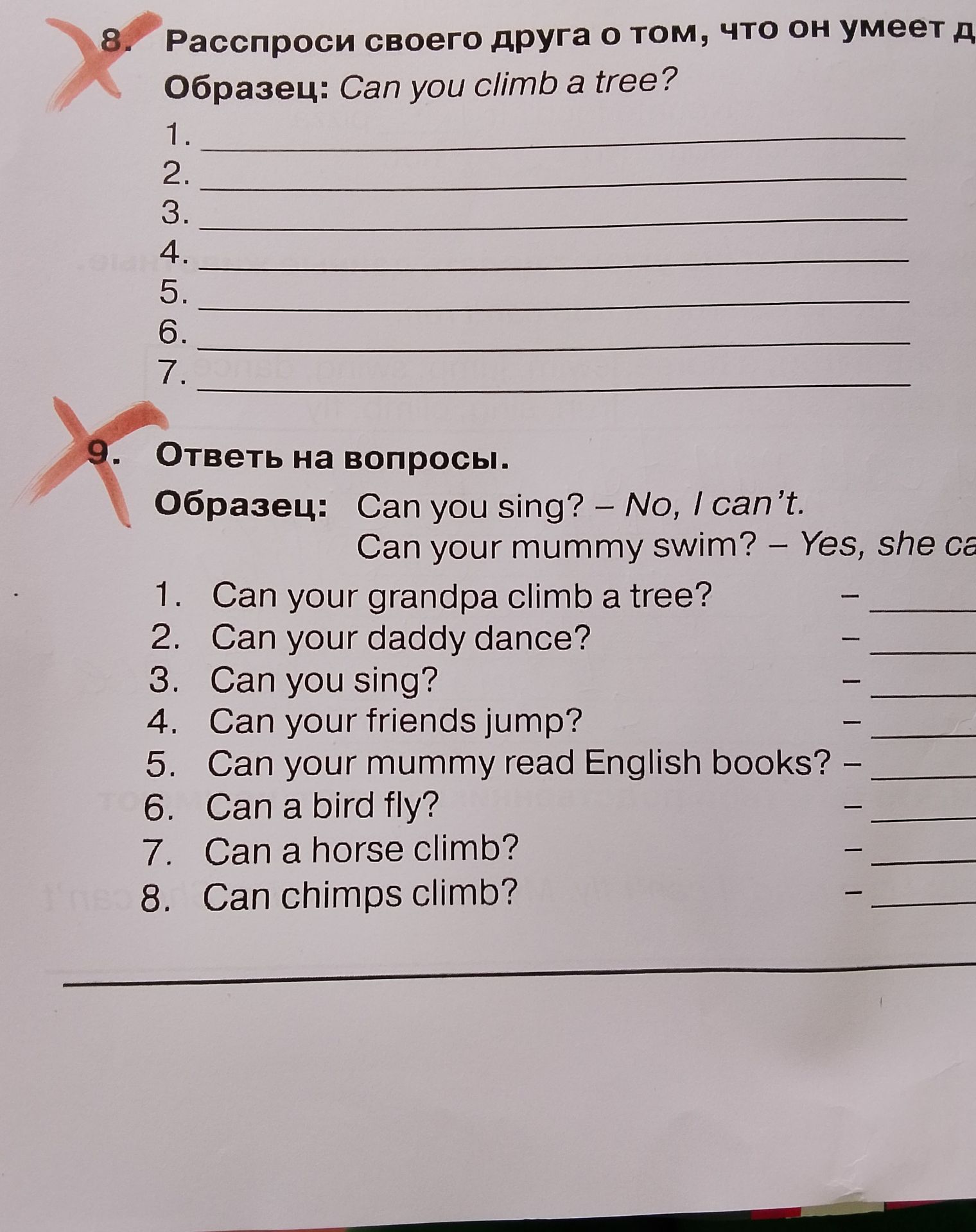 Фото задания: 8. Расспроси своего друга о том, что он умеет делать. Образец: Can you climb a tree?
