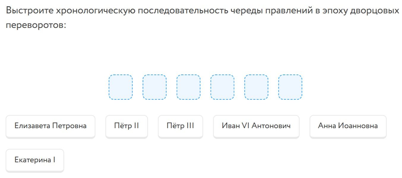 Фото задания: Выстроите хронологическую последовательность череды правлений в эпоху дворцовых переворотов: