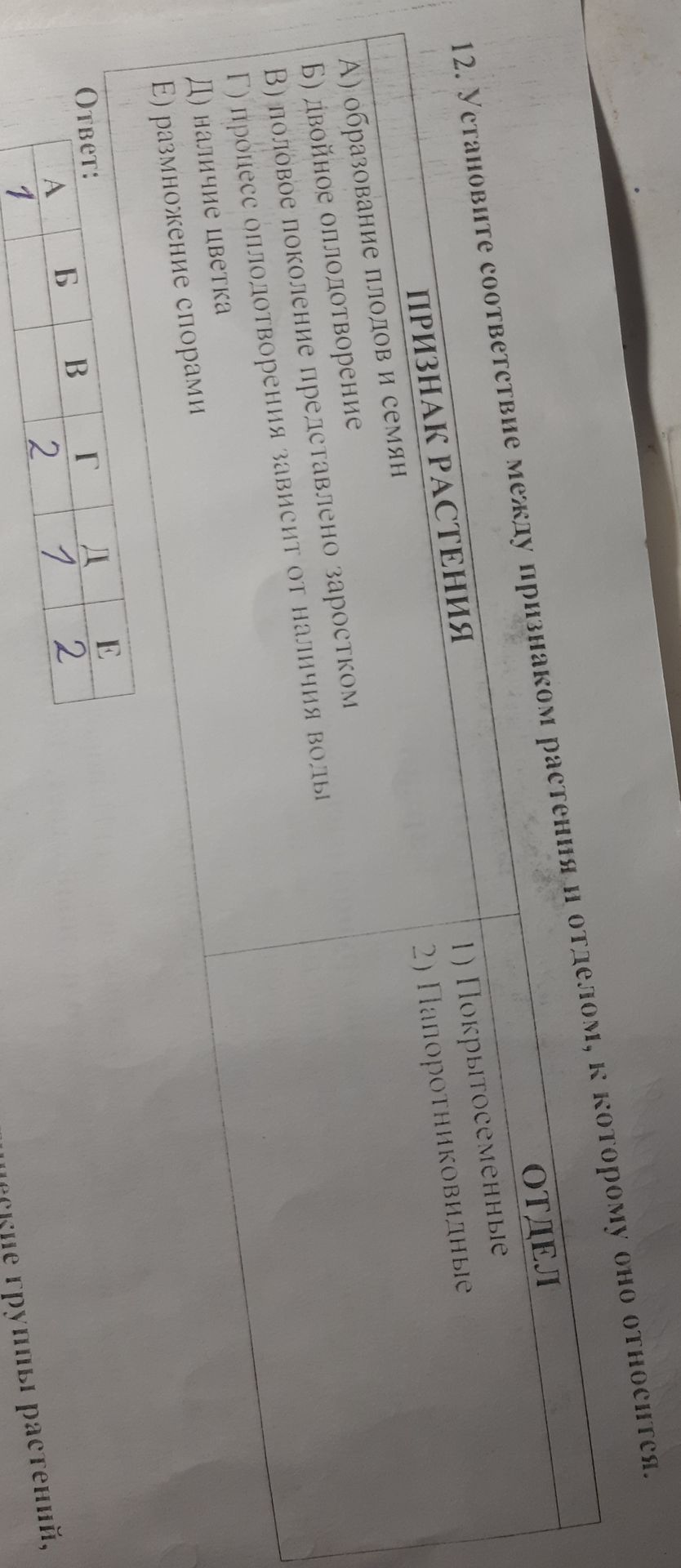 Фото задания: 12. Установите соответствие между признаком растения и отделом, к которому оно относится. ПРИЗНАК РАСТЕНИЯ А) образование…