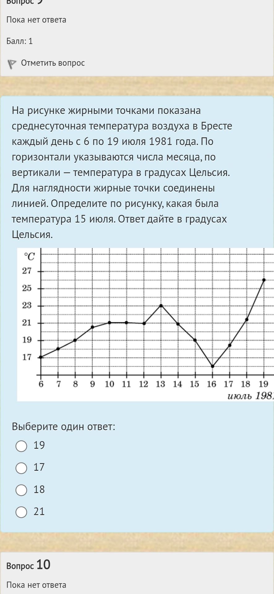 Фото задания: На рисунке жирными точками показана среднесуточная температура воздуха в Бресте каждый день с 6 по 19 июля 1981 года. По…
