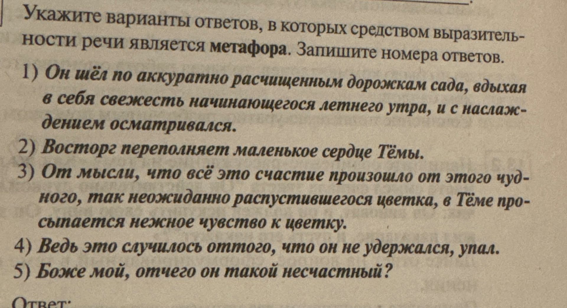 Фото задания: Укажите варианты ответов, в которых средством выразительности речи является метафора. Запишите номера ответов.