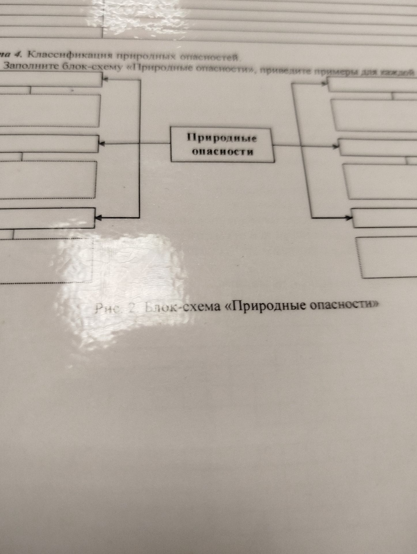 Фото задания: Пожалуйста, заполните блок-схему «Природные опасности» и приведите примеры для каждой категории.