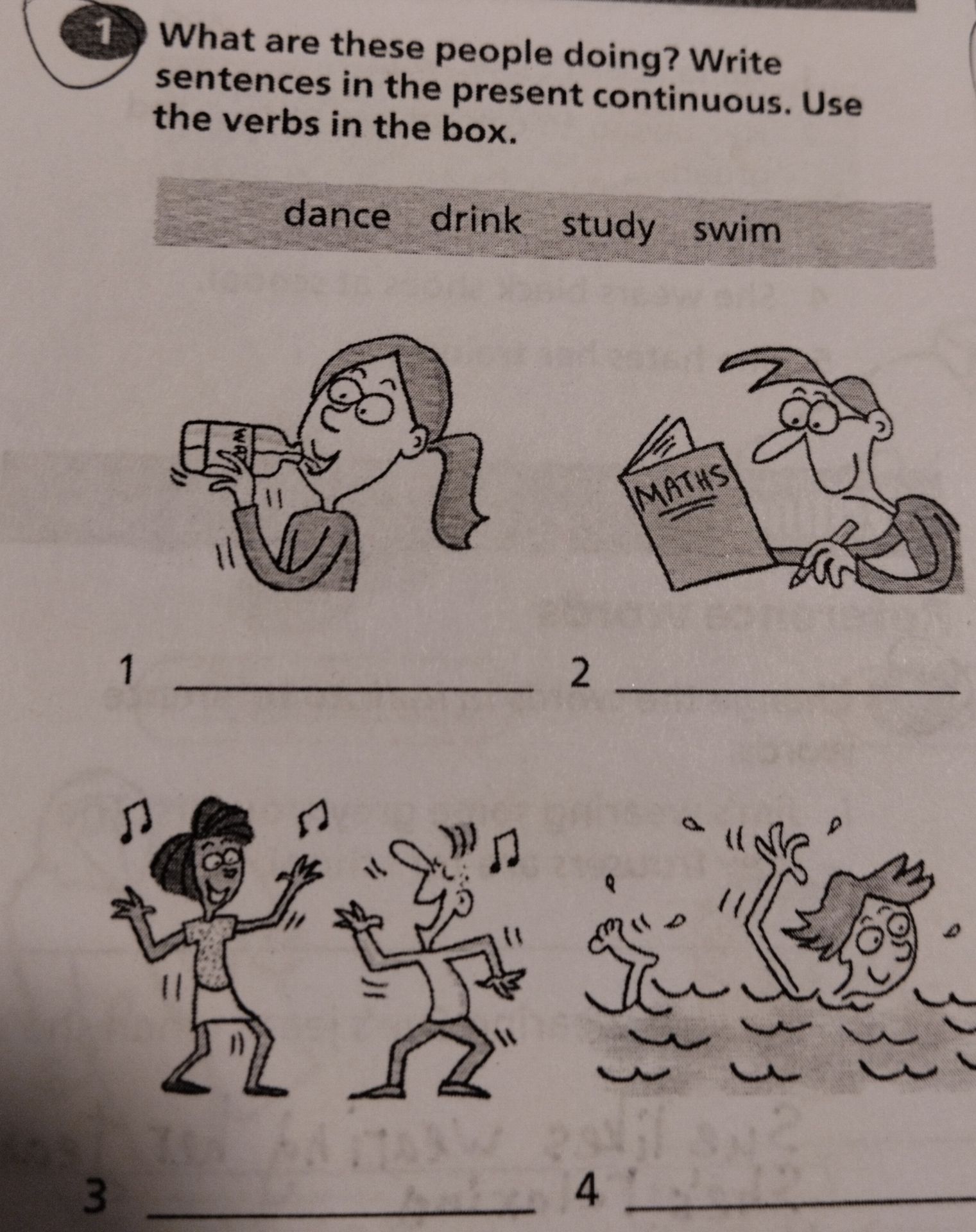 Фото задания: What are these people doing? Write sentences in the present continuous. Use the verbs in the box. dance drink study swim