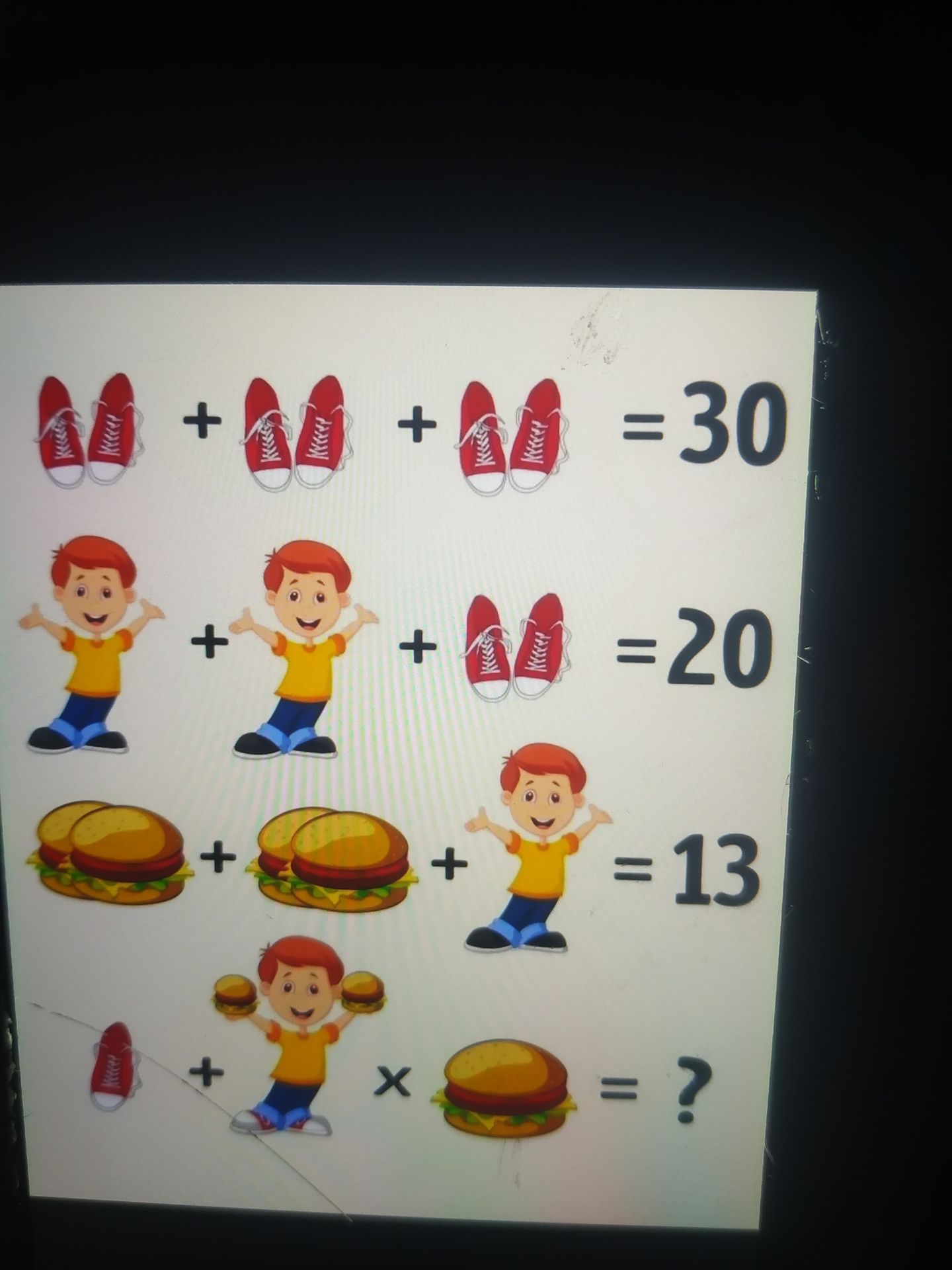Фото задания: The image displays a mathematical puzzle involving images of shoes, boys, and burgers. Determine the numerical value of…