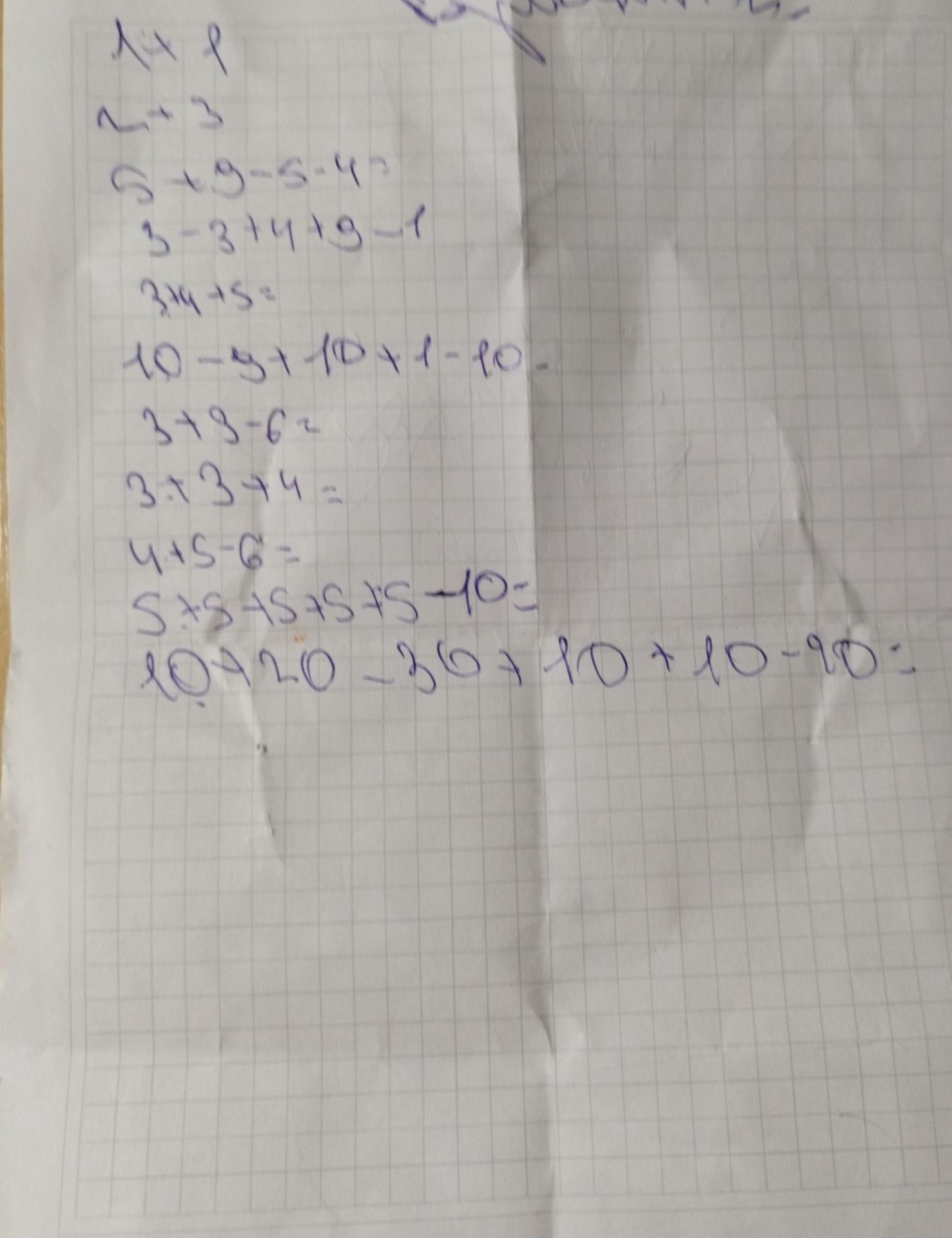 Фото задания: 1+p 2*3 5+9-5-42 3-3+4+9-1 3*4+5= 10-5+10+1-10- 3*3-6= 3+3+4= 4+5-6= 5+5+5+5+5+5-10 10*20-36+10+10-90=