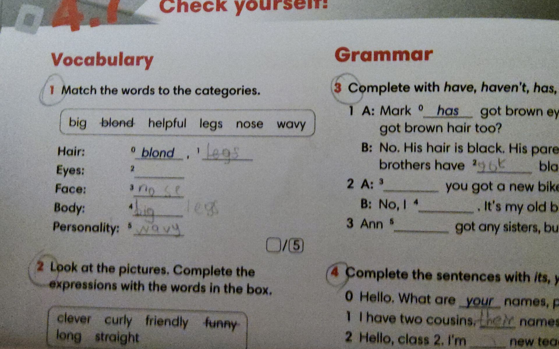 Фото задания: Grammar 3 Complete with have, haven't, has, hasn't, haven't, have got, hasn't got. 1 A: Mark ___ got brown eyes. got brown…