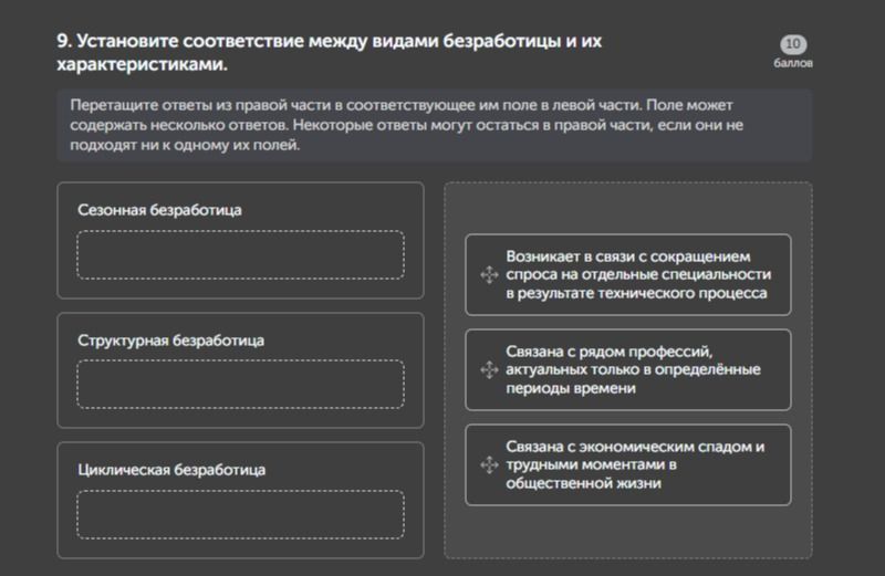 Фото задания: 9. Установите соответствие между видами безработицы и их характеристиками. Перетащите ответы из правой части в…