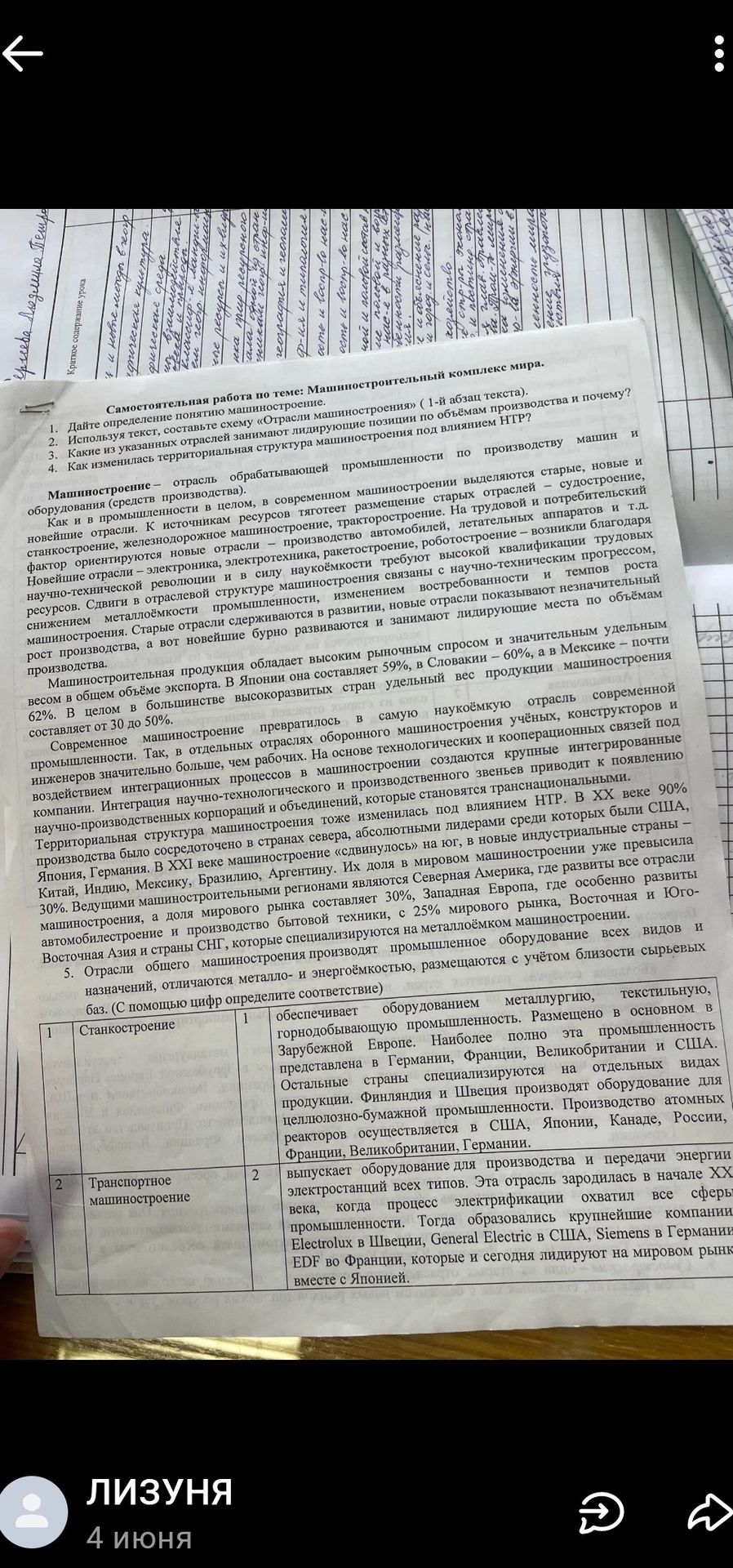 Фото задания: Самостоятельная работа по теме: Машиностроительный комплекс мира. 1. Дайте определение понятию машиностроение. 2. Используя…