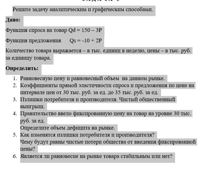 Фото задания: Решите задачу аналитическим и графическим способами. Дано: Функция спроса на товар Qd = 150 – 3P Функция предложения Qs = -10…