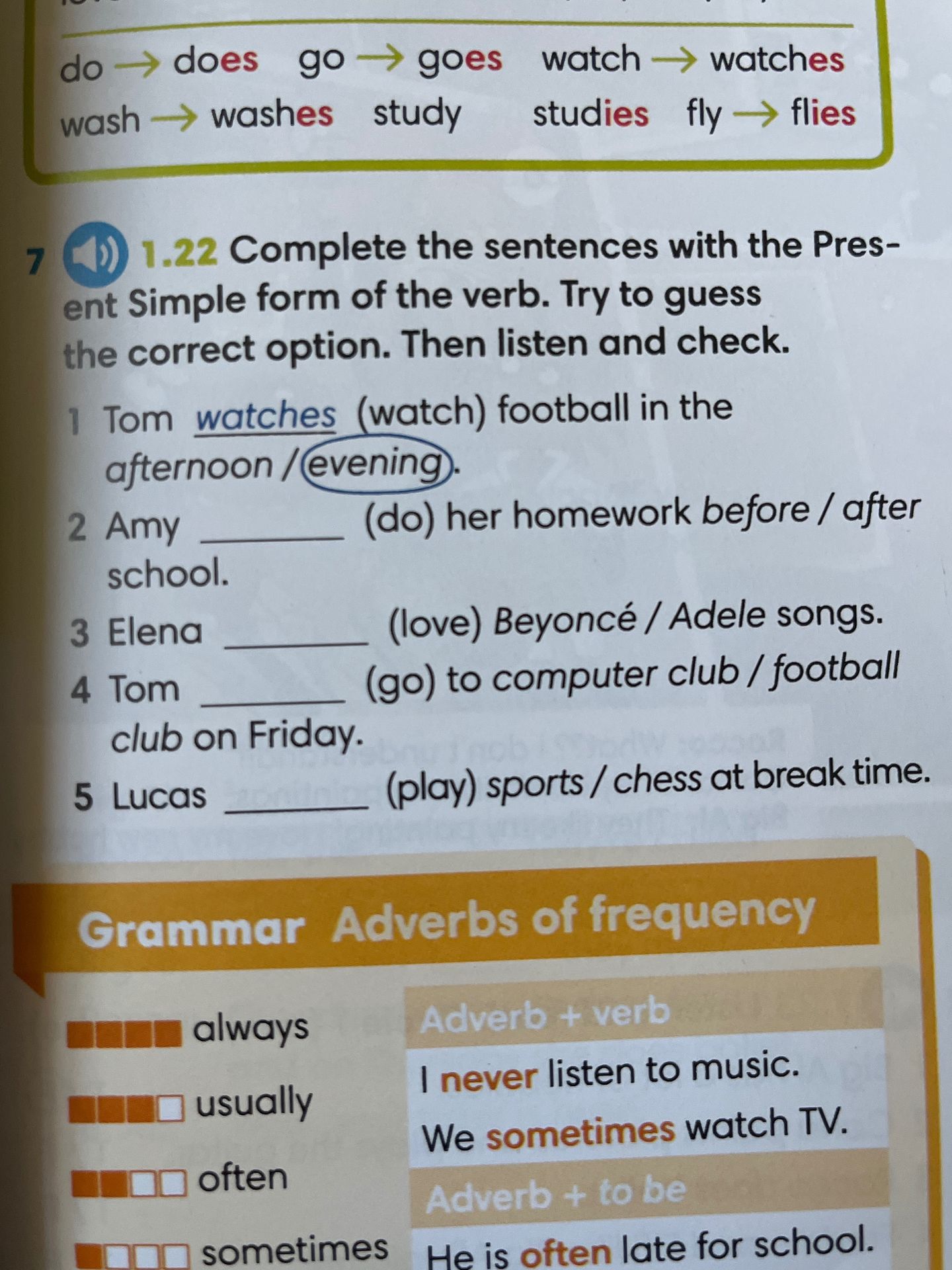 Фото задания: Complete the sentences with the Present Simple form of the verb. Try to guess the correct option. Then listen and check.