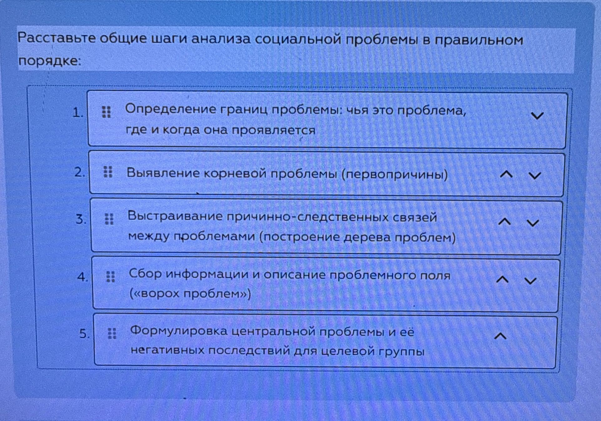 Фото задания: Расставьте общие шаги анализа социальной проблемы в правильном порядке: