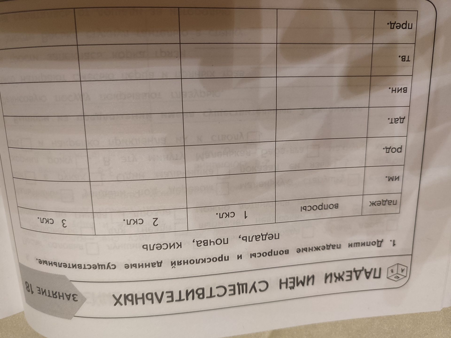 Фото задания: Задание 1. Допиши падежные вопросы и просклоняй данные существительные: педаль, почва, кисель.