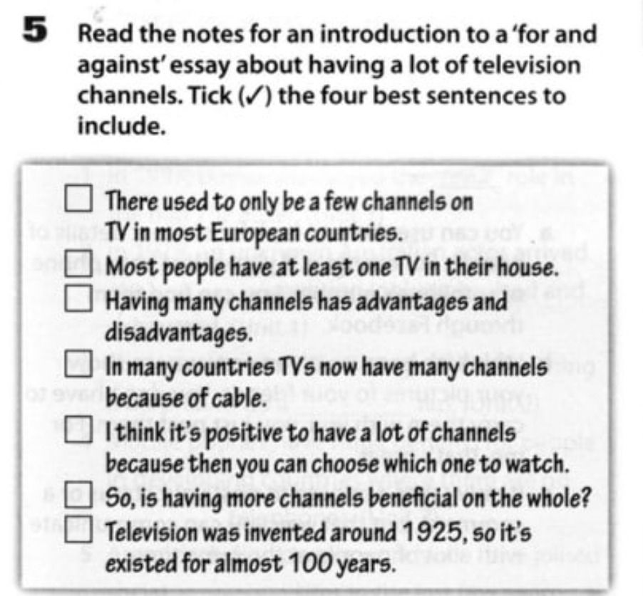 Фото задания: Read the notes for an introduction to a 'for and against' essay about having a lot of television channels. Tick (✔) the…
