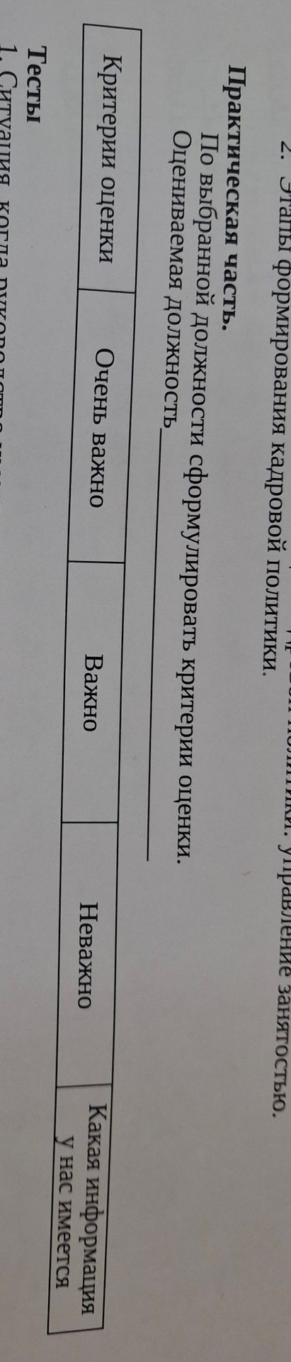 Фото задания: 2. Этапы формирования кадровой политики. Практическая часть. По выбранной должности сформулировать критерии оценки.…