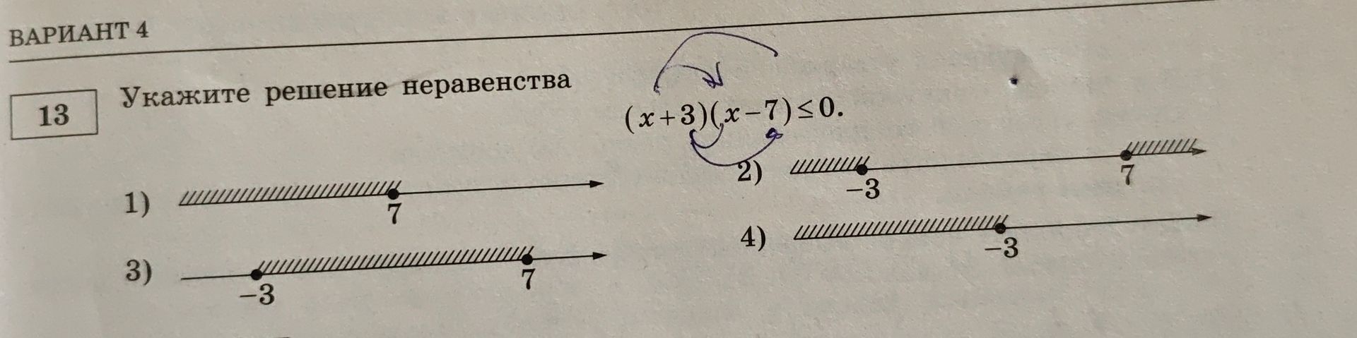 Фото задания: Укажите решение неравенства (x+3)(x-7)≤0.