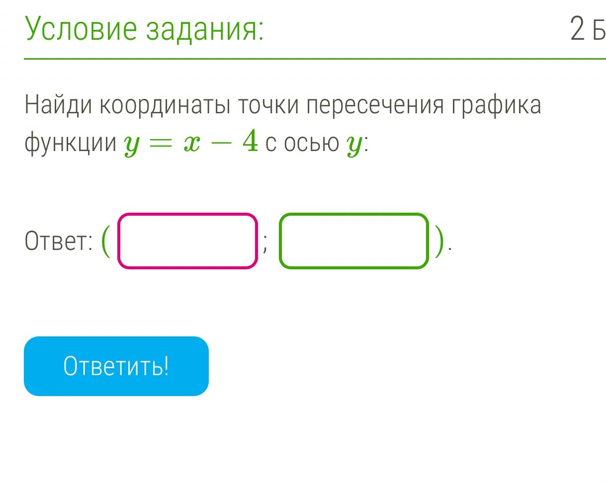 Фото задания: Найди координаты точки пересечения графика функции y = x - 4 с осью y: