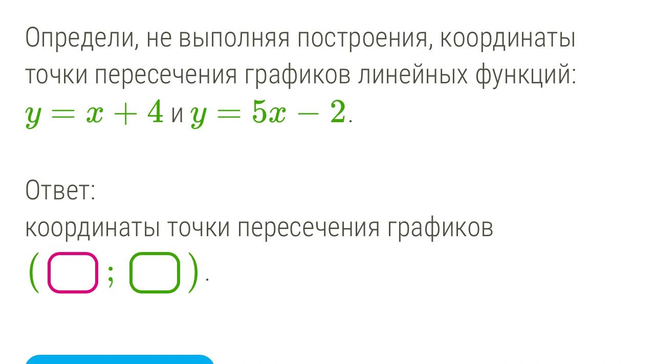 Фото задания: Определи, не выполняя построения, координаты точки пересечения графиков линейных функций: y = x + 4 и y = 5x – 2.
