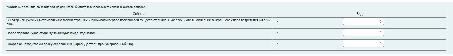 Фото задания: Укажите вид события, выберите только один верный ответ из выпадающего списка в каждом вопросе.