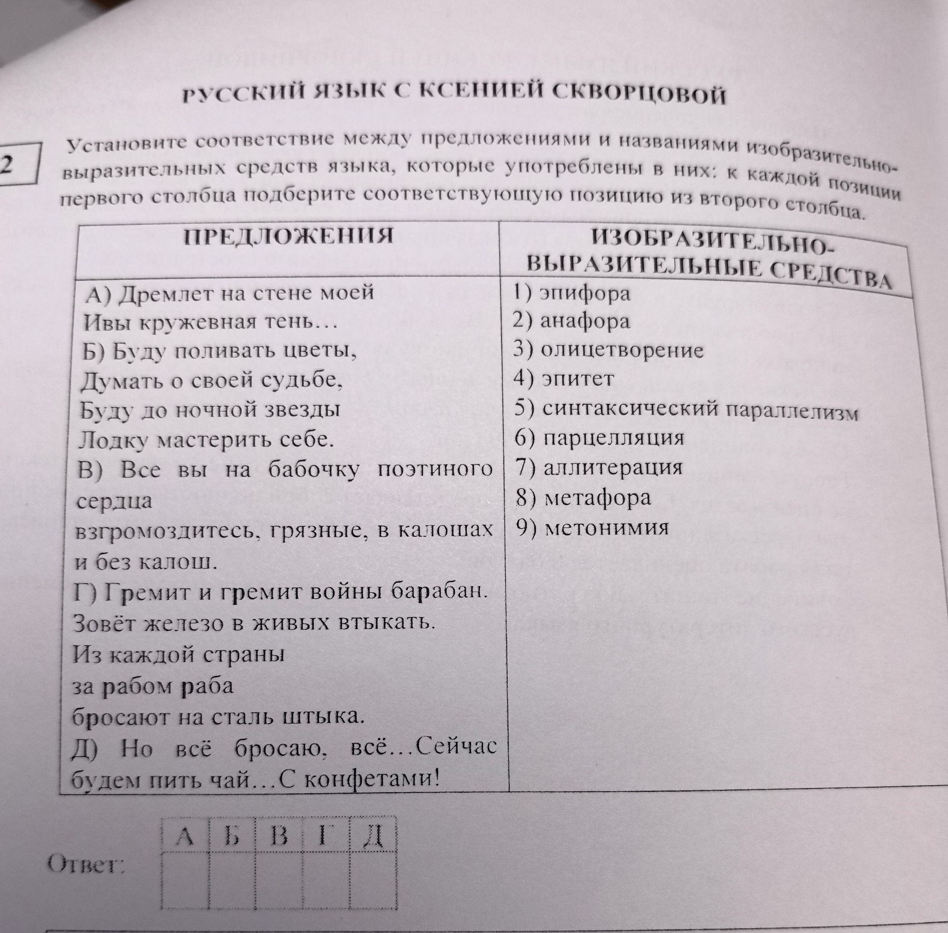 Фото задания: Установите соответствие между предложениями и названиями изобразительно-выразительных средств языка, которые употреблены в…