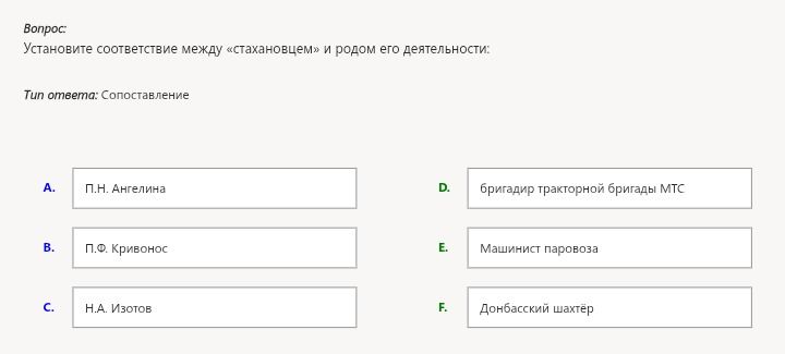 Фото задания: Установите соответствие между «стахановцем» и родом его деятельности:
