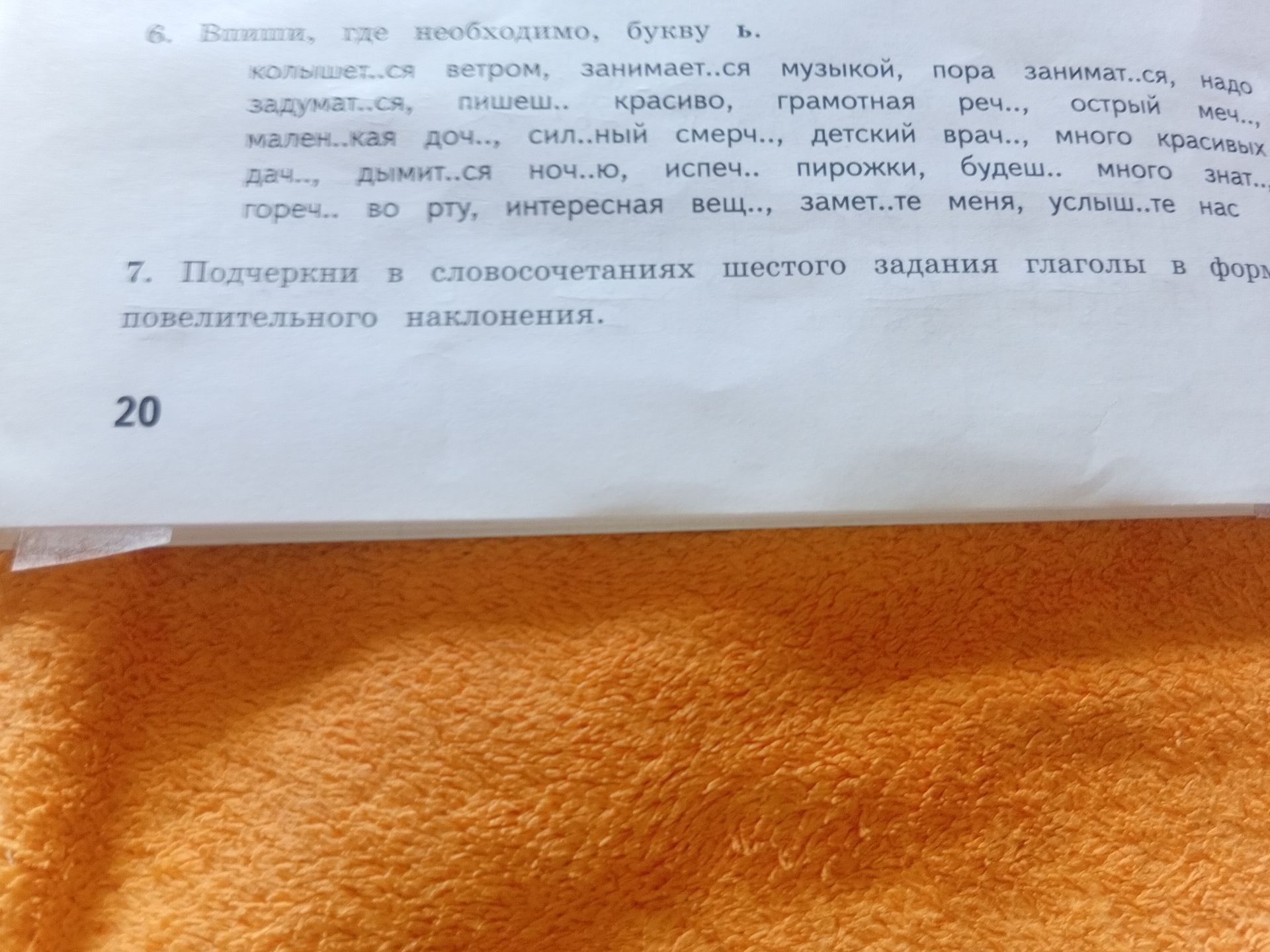 Фото задания: 6. Впиши, где необходимо, букву ь. колышет..ся ветром, занимает..ся музыкой, пора занимат..ся, надо задумат..ся, пишеш..…